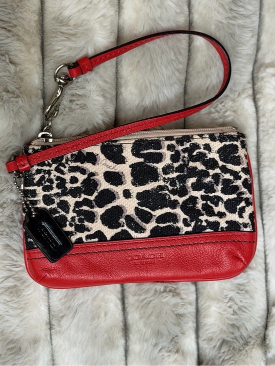 Coach Handbags - Coach Red Leather & Black Leopard Print Wristlet Clutch Pouch Hang Tag Zip Strap
